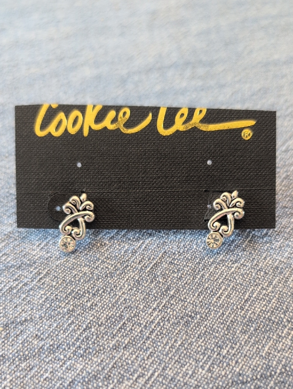 Cookie Lee Silver Floral Scroll Studs with Clear Crystal